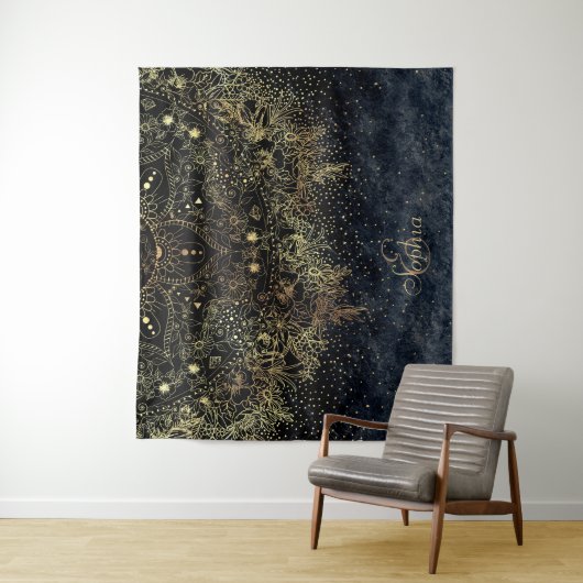 Blauw Goud Mandala Bloemen Wandkleed (In situ)