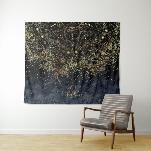 Blauw Goud Mandala Bloemen Wandkleed (In Situ (horizontaal))