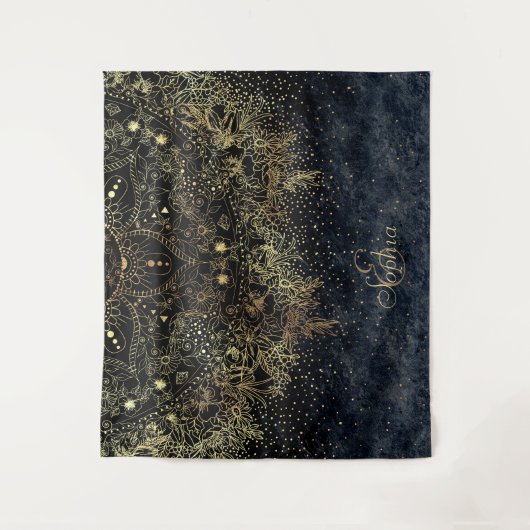 Blauw Goud Mandala Bloemen Wandkleed (Voorkant)