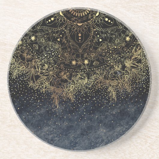 Blauw Goud Mandala Bloemen Zandsteen Onderzetter (Voorkant)