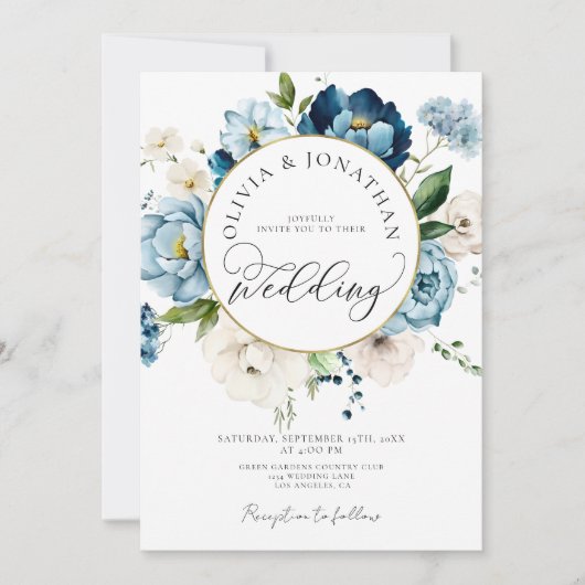 Blauw Goud Marine Alles in 1 Budget QR Code Huweli Kaart (Voorkant)