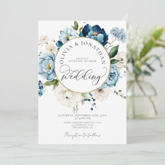 Blauw Goud Marine Alles in 1 Budget QR Code Huweli Kaart (Staand voorkant)