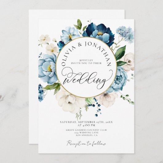 Blauw Goud Marine Alles in 1 Budget QR Code Huweli Kaart (Voorkant / Achterkant)