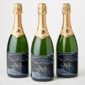 Blauw Goud Marmer Aangepaste Letter Naam Flessenet Sparkling Wijnetiket (Flessen)