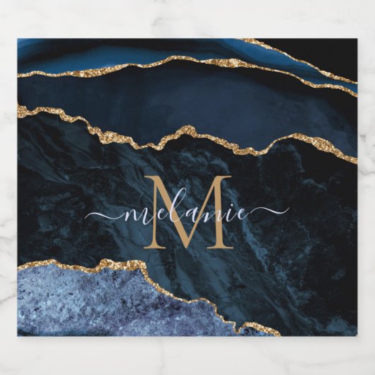 Blauw Goud Marmer Aangepaste Letter Naam Flessenet Sparkling Wijnetiket (Enkel label)