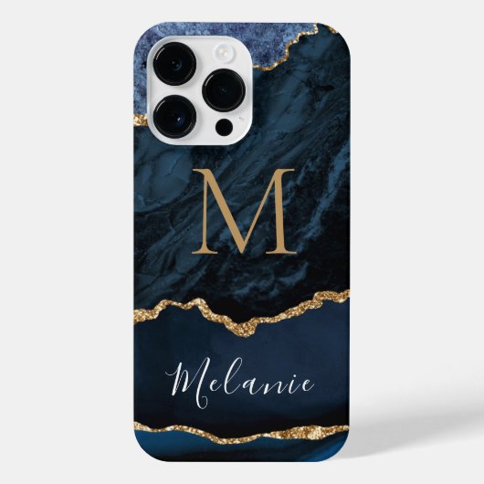Blauw Goud Marmer Aangepaste Naam Letter iPhone Ca Hoesje (Achterkant)