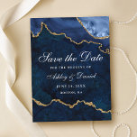 Blauw Goud Marmer Agaat Geode Sla de datum op Aankondigingskaart<br><div class="desc">Moderne Elegante Waterverf Blauw en Gouden Marmeren Agaat Geode Save The Date Briefkaart</div>