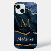 Blauw Goud Marmer Custom Letter Naam iPhone Case (Achterkant)