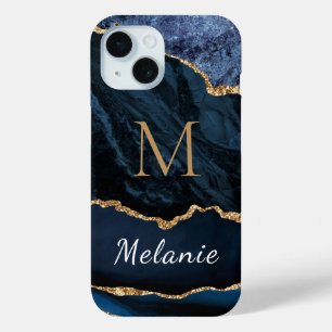 Blauw Goud Marmer Custom Letter Naam iPhone Case