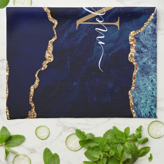 Blauw Goud Marmer Custom Letter Naam Keuken Handdo Theedoek (Gevouwen)
