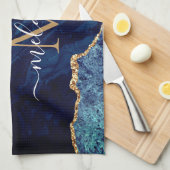 Blauw Goud Marmer Custom Letter Naam Keuken Handdo Theedoek (Quarter Fold)