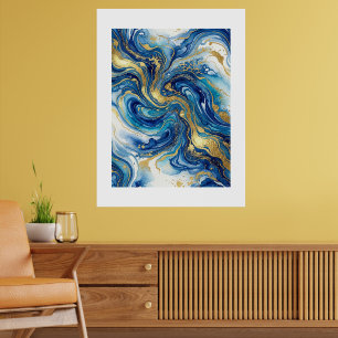 Blauw Goud Marmer Luxe Abstracte Vloeibare Kunst M Poster