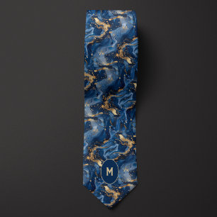 Blauw & Goud Marmered Monogram Stropdas