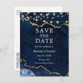 Blauw Goud Marmeren Geode Lichten Sla de datum op Aankondigingskaart (Voorkant / Achterkant)