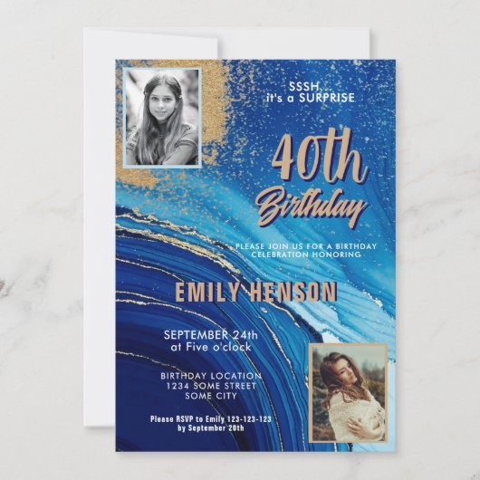 Blauw Goud Marmeren Glitter 2 Foto 40e Verjaardag Kaart (Voorkant)