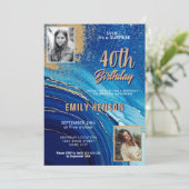 Blauw Goud Marmeren Glitter 2 Foto 40e Verjaardag Kaart (Staand voorkant)