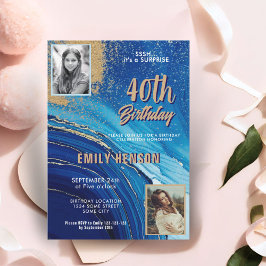 Blauw Goud Marmeren Glitter 2 Foto 40e Verjaardag Kaart