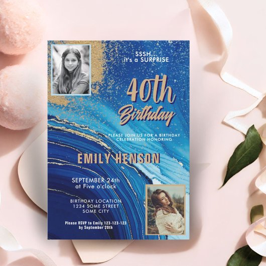 Blauw Goud Marmeren Glitter 2 Foto 40e Verjaardag Kaart