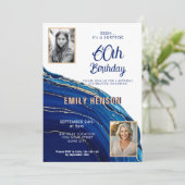 Blauw Goud Marmeren Glitter 2 Foto 60ste Verjaarda Kaart (Staand voorkant)