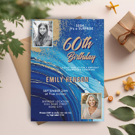 Blauw Goud Marmeren Glitter 2 Foto 60ste Verjaarda Kaart