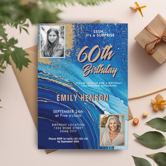 Blauw Goud Marmeren Glitter 2 Foto 60ste Verjaarda Kaart