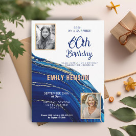 Blauw Goud Marmeren Glitter 2 Foto 60ste Verjaarda Kaart