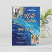 Blauw Goud Marmeren Glitter 2 Foto 70e Verjaardag Kaart (Staand voorkant)
