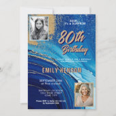 Blauw Goud Marmeren Glitter 2 Foto 80ste Verjaarda Kaart (Voorkant)