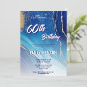Blauw Goud Marmeren Glitter 60ste Verjaardag Kaart (Staand voorkant)
