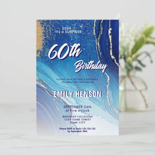 Blauw Goud Marmeren Glitter 60ste Verjaardag Kaart (Staand voorkant)