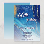 Blauw Goud Marmeren Glitter 60ste Verjaardag Kaart (Voorkant / Achterkant)