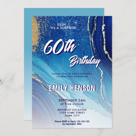 Blauw Goud Marmeren Glitter 60ste Verjaardag Kaart (Voorkant / Achterkant)
