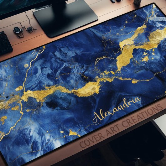 Blauw & Goud Marmeren Textuur Gepersonaliseerde We Bureaumat