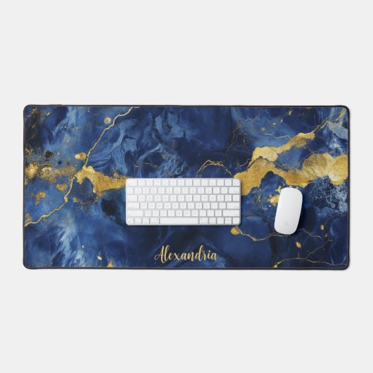 Blauw & Goud Marmeren Textuur Gepersonaliseerde We Bureaumat (Keyboard & Muis)