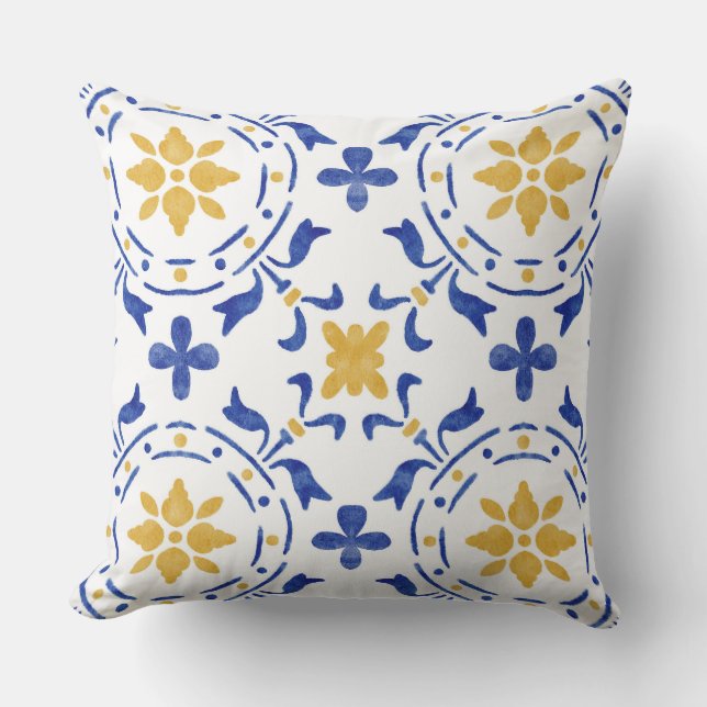 Blauw & Goud Mediterrane Worpkussen Buitenkussen (Voorkant)
