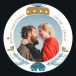 Blauw & Goud | Merry Christmas Bauble Foto Ronde Sticker<br><div class="desc">Creëer uw eigen Blue & Gold | Merry Christmas Bauble Foto Ronde Stickers met deze gemakkelijk te personaliseren sjablonen van Stonking Stuff.</div>