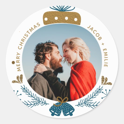 Blauw & Goud | Merry Christmas Bauble Foto Ronde Sticker (Voorkant)