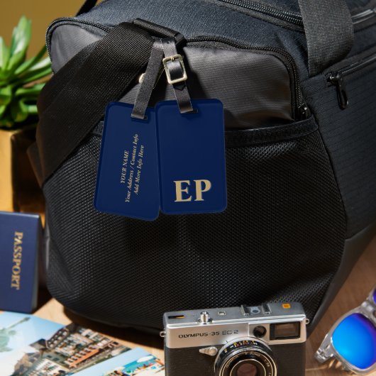 Blauw & Goud Minimaal Modern Initiaal Monogram Bagagelabel (Voorkant /achterkant)