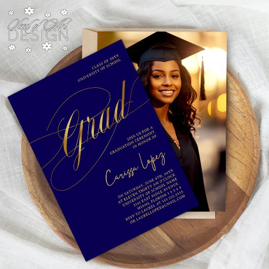 Blauw & Goud Minimal Scripted Afstudeerder Ceremon Kaart