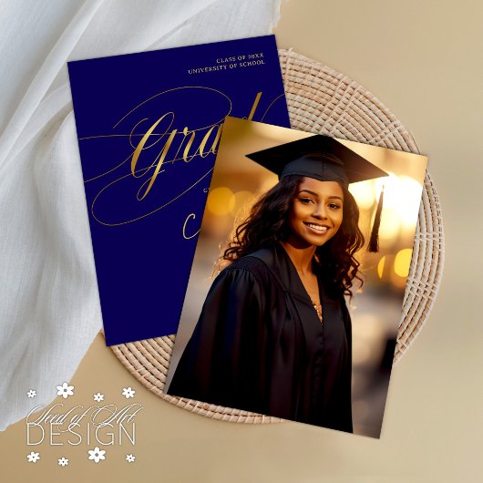 Blauw & Goud Minimal Scripted Afstudeerder Ceremon Kaart