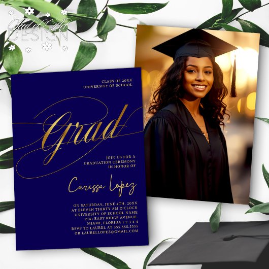 Blauw & Goud Minimal Scripted Afstudeerder Ceremon Kaart