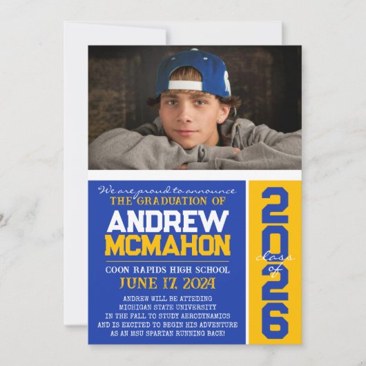 Blauw & Goud Modern Afstuderen Fotoaankondiging Kaart (Voorkant)