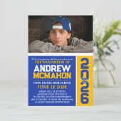 Blauw & Goud Modern Afstuderen Fotoaankondiging Kaart (Staand voorkant)