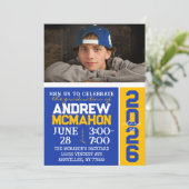 Blauw & Goud Modern Afstuderen Fotouitnodiging Kaart (Staand voorkant)