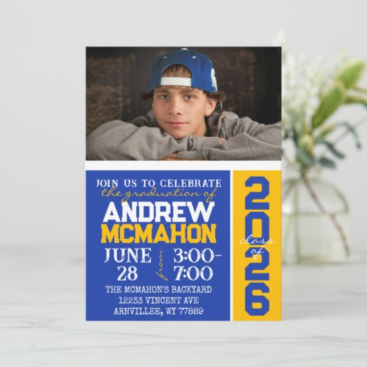 Blauw & Goud Modern Afstuderen Fotouitnodiging Kaart (Staand voorkant)