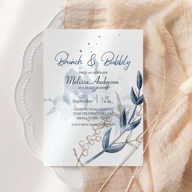 Blauw Goud Modern Bloemig Elegant Bruids Brunch (Creator heeft geüpload)