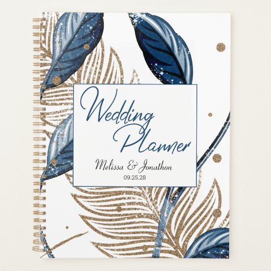 Blauw Goud Modern Bloemig Elegant Huwelijk Planner (Voorkant)
