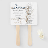 Blauw Goud Modern Bloemig Elegant Trouwprogramma Handwaaier (Voorkant en achterkant)