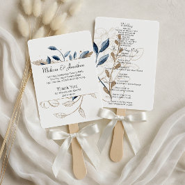 Blauw Goud Modern Bloemig Elegant Trouwprogramma Handwaaier