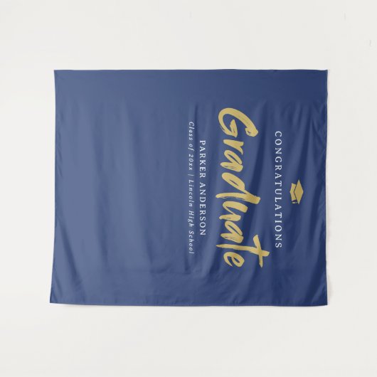 Blauw Goud Modern Brush Script Graduation Party Wandkleed (Voorkant (horizontaal))
